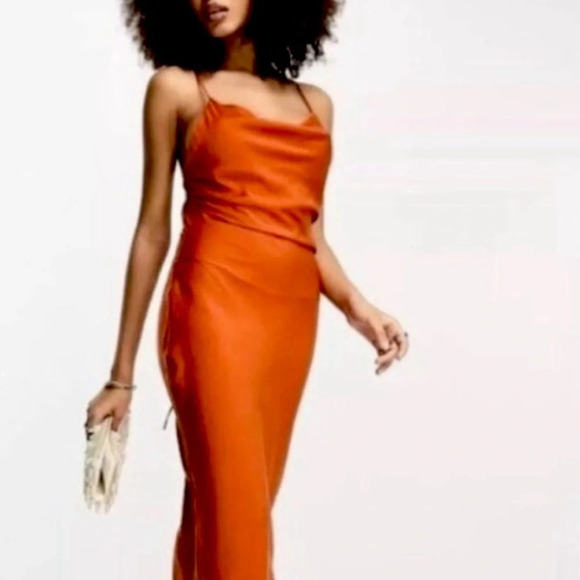 ASOS "NEW" Rust Hi Shine Side Slit Satin Lace Up Back Preppy Slip Dress Size 0 - Picture 1 of 11